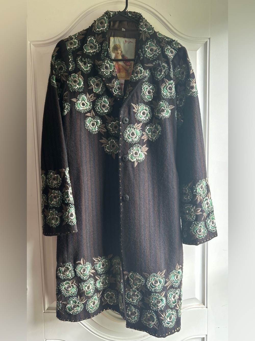 Vintage Johnny Was Biya Wool Blend Coat Pinstripe Beaded Floral Trench Jacket M